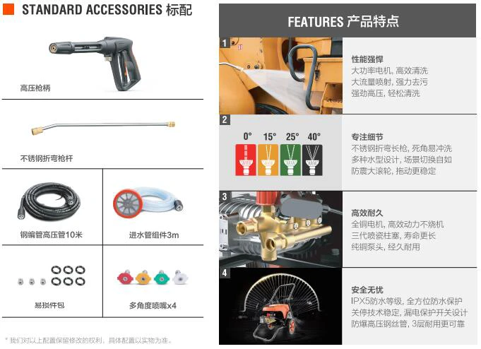 亿力商用高压清洗机YLQ9125G标准配件和优势特点